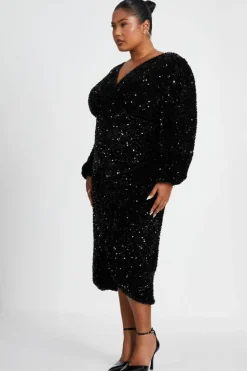Midi Dresses*Quiz Curve Sequin Midi Dress Black
