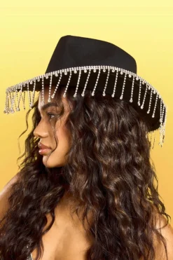 Hats & Gloves|Hats & Gloves*boohoo Diamante Tassel Trim Cowboy Hat black