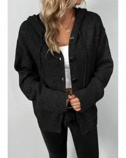 Cardigans*Azura Exchange Drawstring Hooded Button Up Drop Shoulder Sweater Cardigan Black