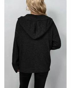 Cardigans*Azura Exchange Drawstring Hooded Button Up Drop Shoulder Sweater Cardigan Black