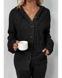 Cardigans*Azura Exchange Drawstring Hooded Button Up Drop Shoulder Sweater Cardigan Black