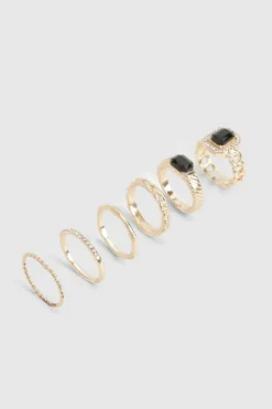 Rings*boohoo Black Embellished Ring 6 Pack gold