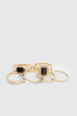 Rings*boohoo Black Embellished Ring 6 Pack gold