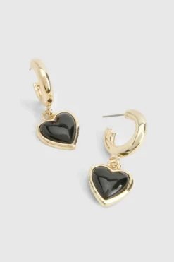 Earrings*boohoo Black Enamel Heart Drop Hoop Earrings gold