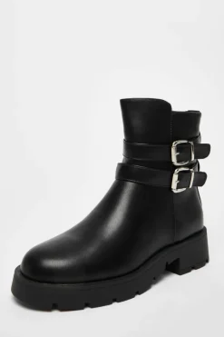 Ankle Boots*Quiz Faux Leather Double Buckle Ankle Boot Black