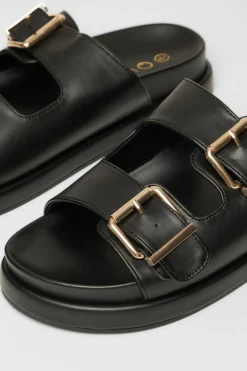 Sandals*Quiz Faux Leather Flat Sandals Black