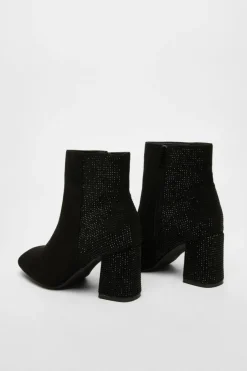 Heeled Boots*Quiz Faux Suede Diamante Heeled Boots Black