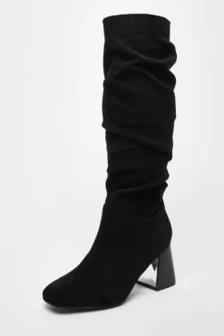 Heeled Boots*Quiz Faux Suede Ruched Heeled Boots Black