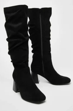 Heeled Boots*Quiz Faux Suede Ruched Heeled Boots Black