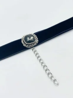 Necklaces*SVNX Faux Velvet Choker Necklace with Grey Jewel Black