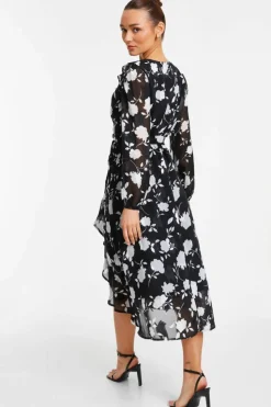Wrap Dresses|Midi Dresses*Quiz Floral Frill Wrap Midi Dress Black