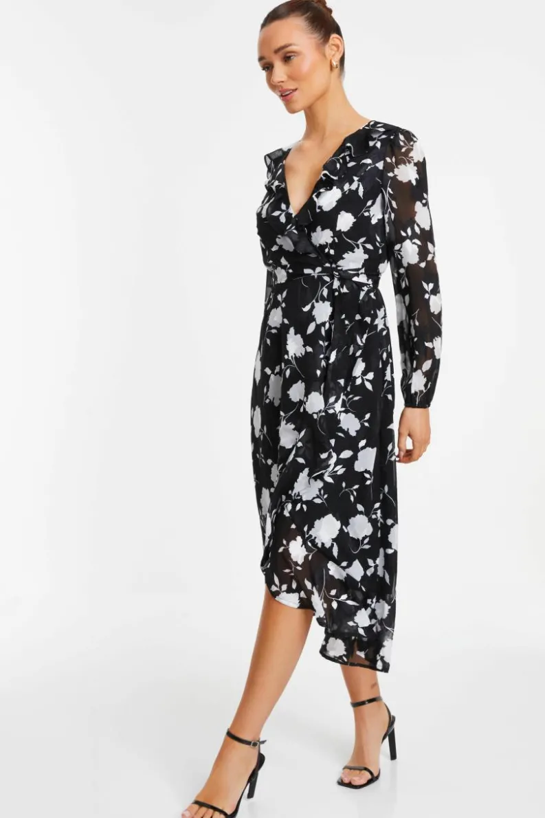 Wrap Dresses|Midi Dresses*Quiz Floral Frill Wrap Midi Dress Black