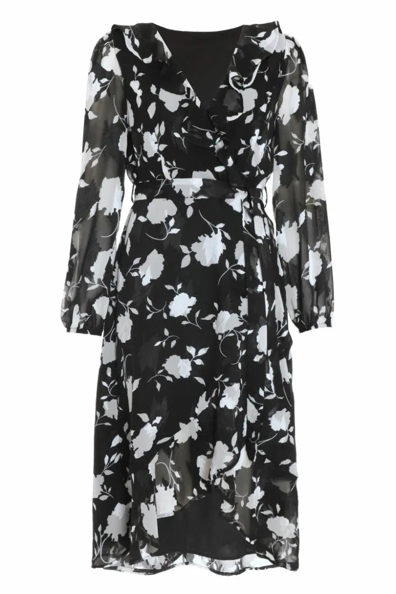 Wrap Dresses|Midi Dresses*Quiz Floral Frill Wrap Midi Dress Black