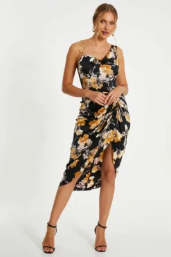 Midi Dresses*Quiz Floral Print Satin Ruched Midi Dress Black