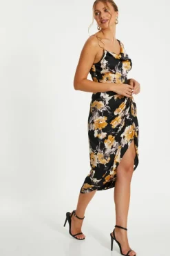 Midi Dresses*Quiz Floral Print Satin Ruched Midi Dress Black