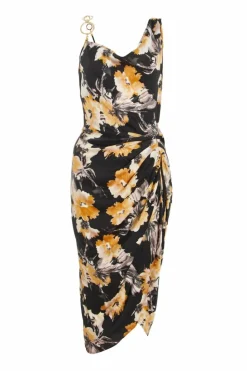 Midi Dresses*Quiz Floral Print Satin Ruched Midi Dress Black