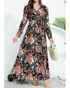 Wrap Dresses*Azura Exchange Floral Print V Neck Wrap High Waist Maxi Dress Black