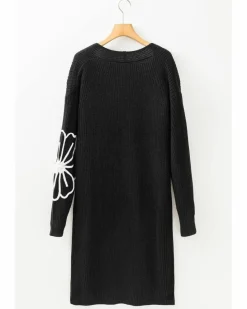 Cardigans*Azura Exchange Flower Embroidered Drop Shoulder Open Front Duster Cardigan Black
