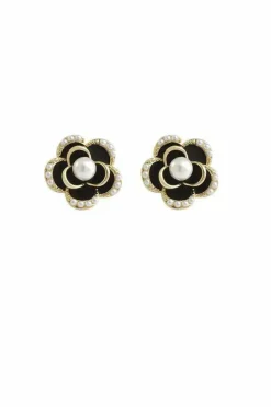 Earrings*SVNX Black Flower Pearl Earrings in Gold