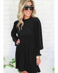 Smock Dresses*Azura Exchange Frilled Neck Smocked Bodice Velvet Dress Black