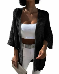 Cardigans*Azura Exchange Hollow-out Knit Kimono Lightweight Cardigan Black