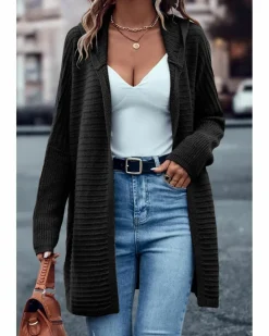 Cardigans*Azura Exchange Horizontal Rib Knitted Open Front Hooded Cardigan Black