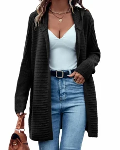 Cardigans*Azura Exchange Horizontal Rib Knitted Open Front Hooded Cardigan Black