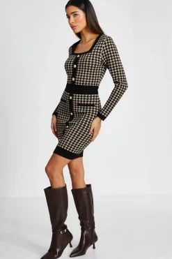 Jumper Dresses|Jumper Dresses*Quiz Knit Dog Tooth Jumper Dress Black