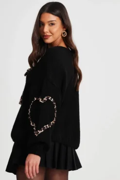 Cardigans*Quiz Knit Leopard Trim Cardigan Black