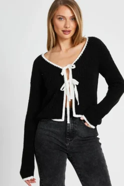 Cardigans*Quiz Knit Tie Front Cardigan Black