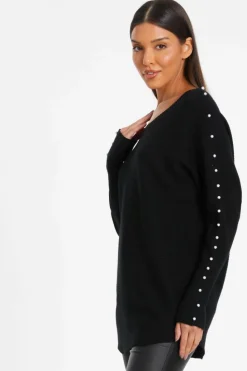 Jumpers*Quiz Knitted Beaded Batwing Jumper Black