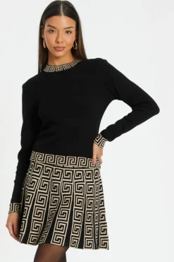 Jumpers*Quiz Knitted Geometric Trim Jumper Black