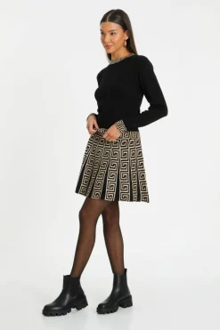 Jumpers*Quiz Knitted Geometric Trim Jumper Black