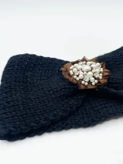 Hair Accessories*SVNX Knitted Headband With Pearl and Gem Flower Black