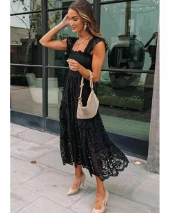 Smock Dresses|Midi Dresses*Azura Exchange Lace Smocked Bodice Sleeveless Midi Dress Black