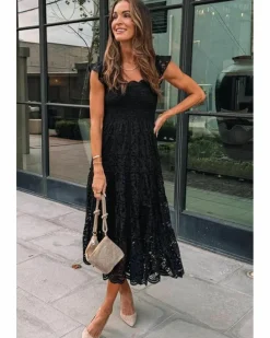 Smock Dresses|Midi Dresses*Azura Exchange Lace Smocked Bodice Sleeveless Midi Dress Black