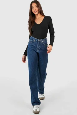 Long Sleeve Tops*boohoo Long Sleeve V Neck Cotton Blend Bodysuit black