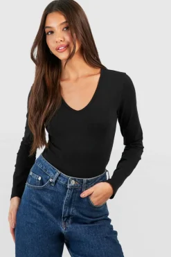 Long Sleeve Tops*boohoo Long Sleeve V Neck Cotton Blend Bodysuit black