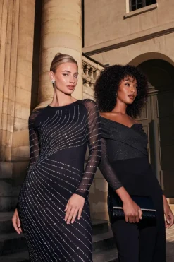 Midi Dresses*Quiz Mesh Embellished Midi Dress Black