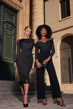 Midi Dresses*Quiz Mesh Embellished Midi Dress Black