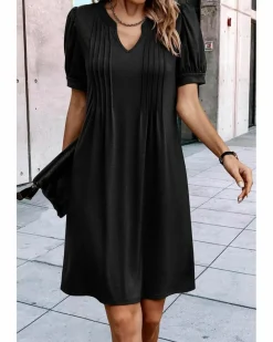 Shirt Dresses|T-Shirt Dresses*Azura Exchange Notched Neck Pleated Puff Sleeve Shift T-shirt Dress Black