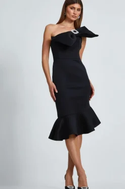 Midi Dresses*Quiz One Shoulder Bow Midi Dress Black