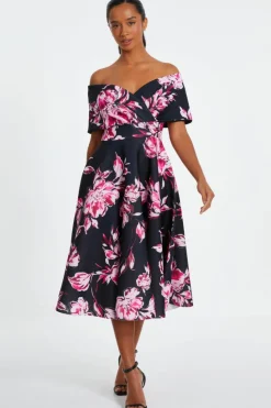 Midi Dresses*Quiz Petite Floral Bardot Skater Midi Dress Black