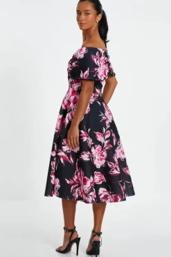 Midi Dresses*Quiz Petite Floral Bardot Skater Midi Dress Black
