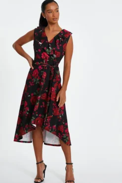 Midi Dresses*Quiz Petite Floral Dip Hem Midi Dress Black
