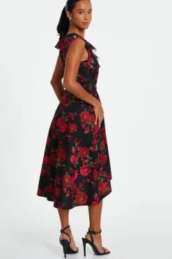 Midi Dresses*Quiz Petite Floral Dip Hem Midi Dress Black