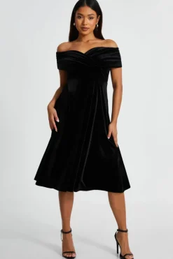 Midi Dresses*Quiz Petite Velvet Bardot Midi Dress Black
