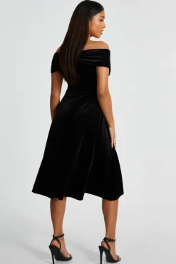 Midi Dresses*Quiz Petite Velvet Bardot Midi Dress Black