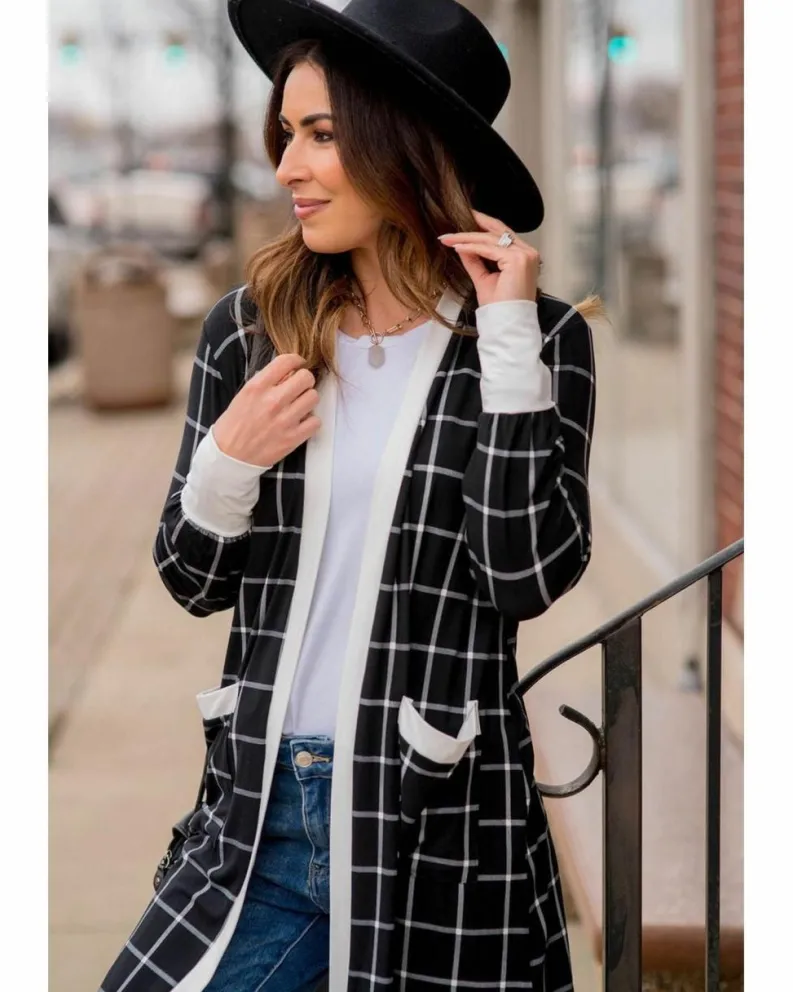 Cardigans*Azura Exchange Plaid Colorblock Edge Open Cardigan with Pocket Black