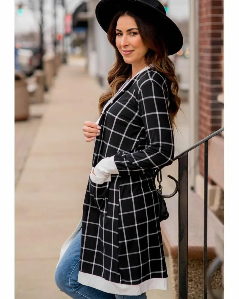 Cardigans*Azura Exchange Plaid Colorblock Edge Open Cardigan with Pocket Black